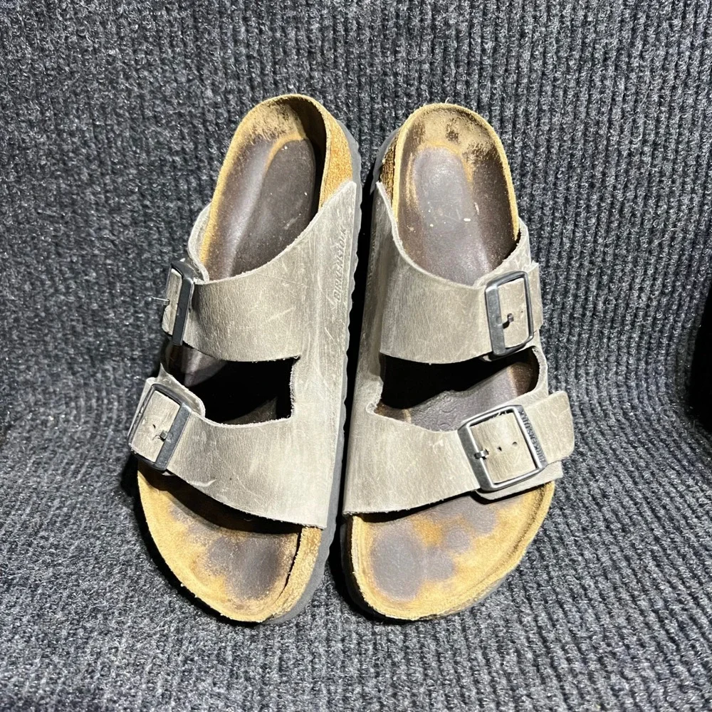 Birkenstock Arizona Sandals Mens 40 Tobacco Brown Leather Two Strap Slides